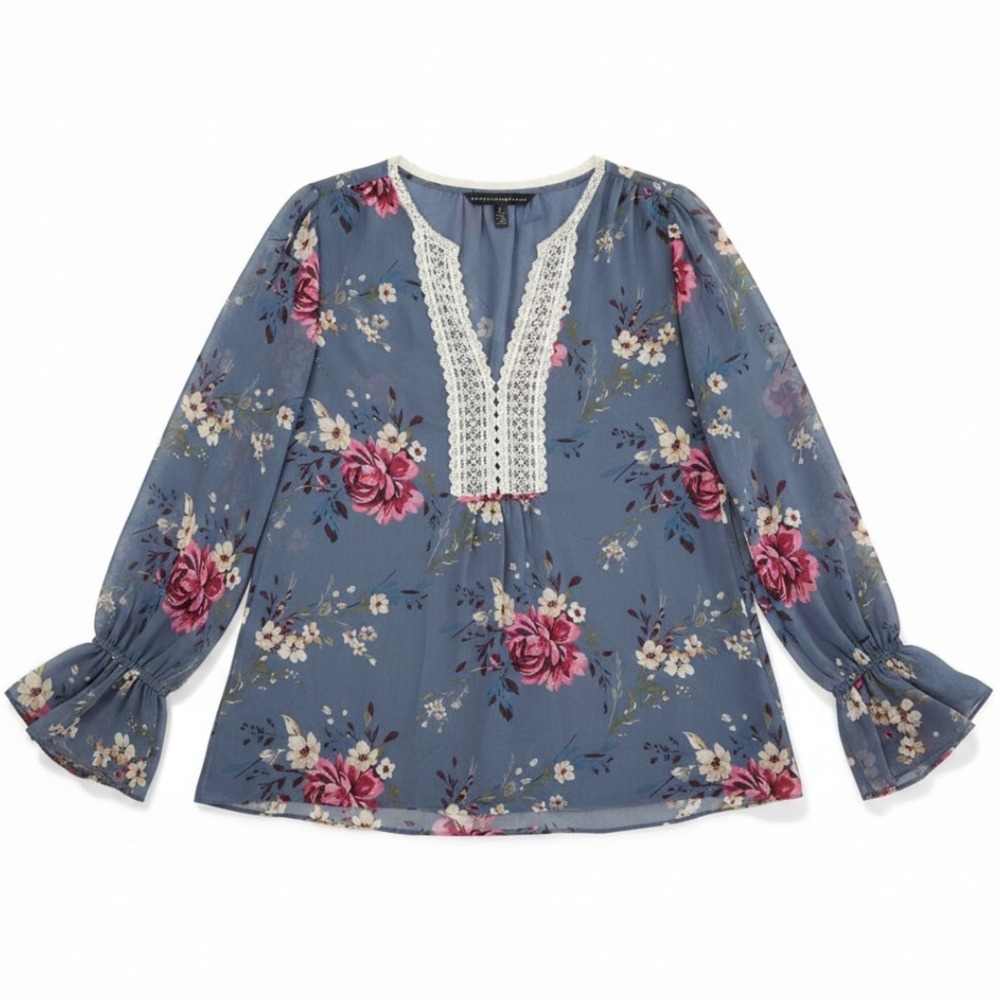 White House Black Market Shirt Womens 6 Blue Floral Bell Sleeve Blouse Boho Lace